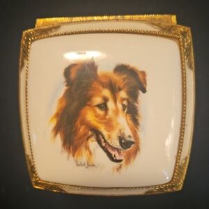 Beautiful Ornate Brass And Porcelain Music Box With Collie Painting